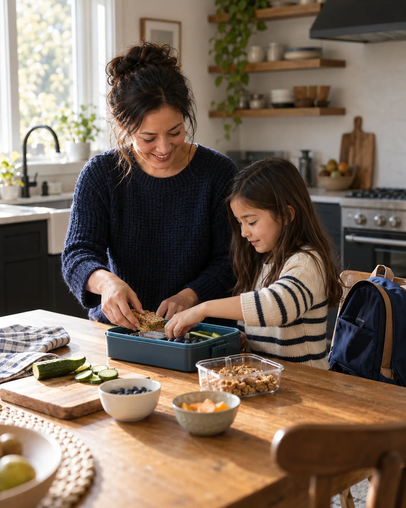 A parent and her daughter packing a lunchbox together at the kitchen table on a school morning