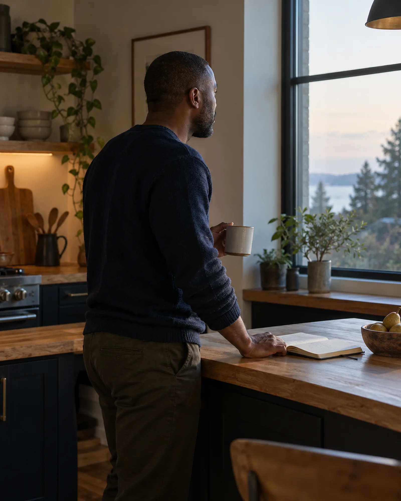 A man alone in a quiet kitchen at dawn, mug in hand, looking out the window with a notebook open beside him