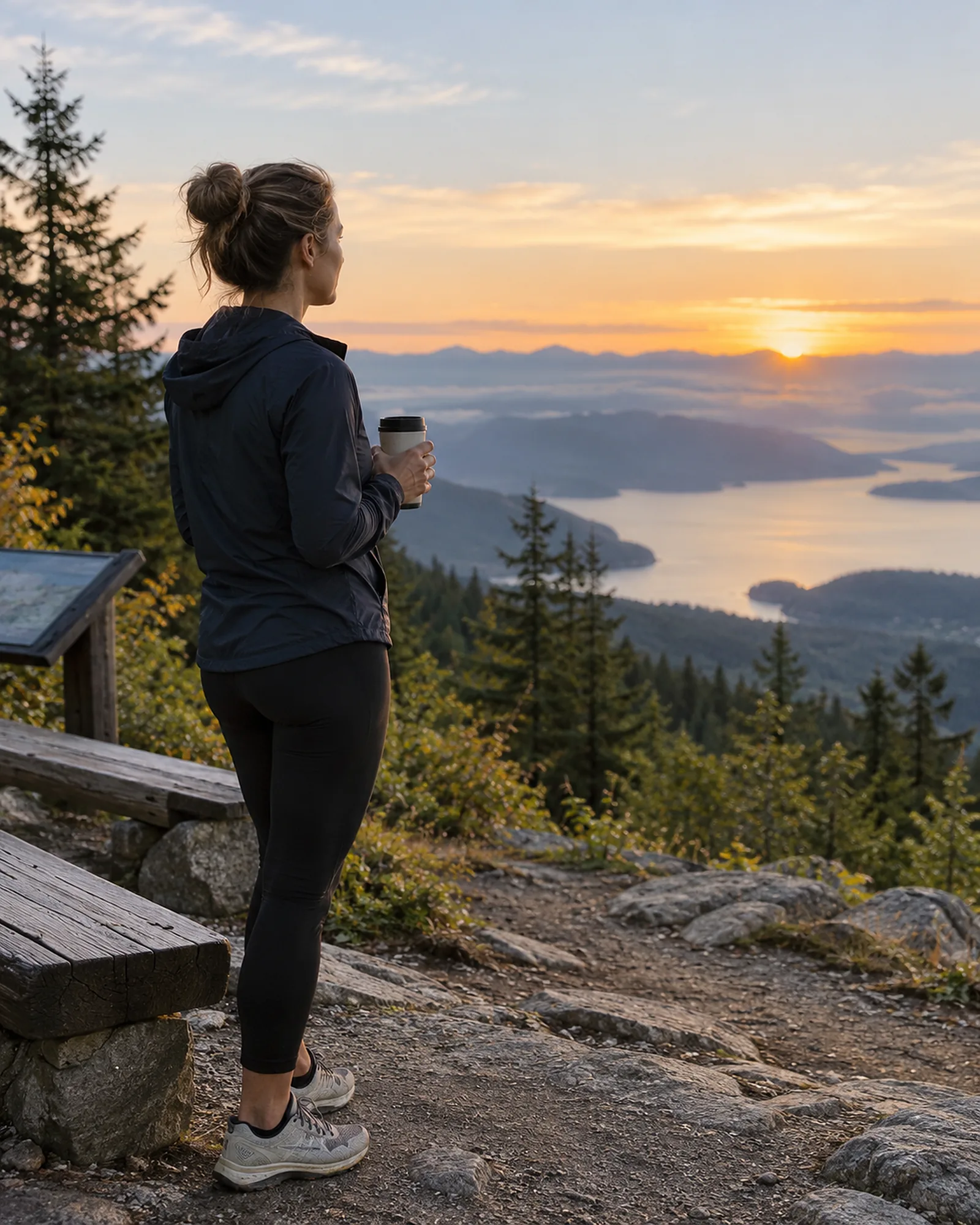 A woman with a coffee pausing at a trailhead to watch the sunrise over the water