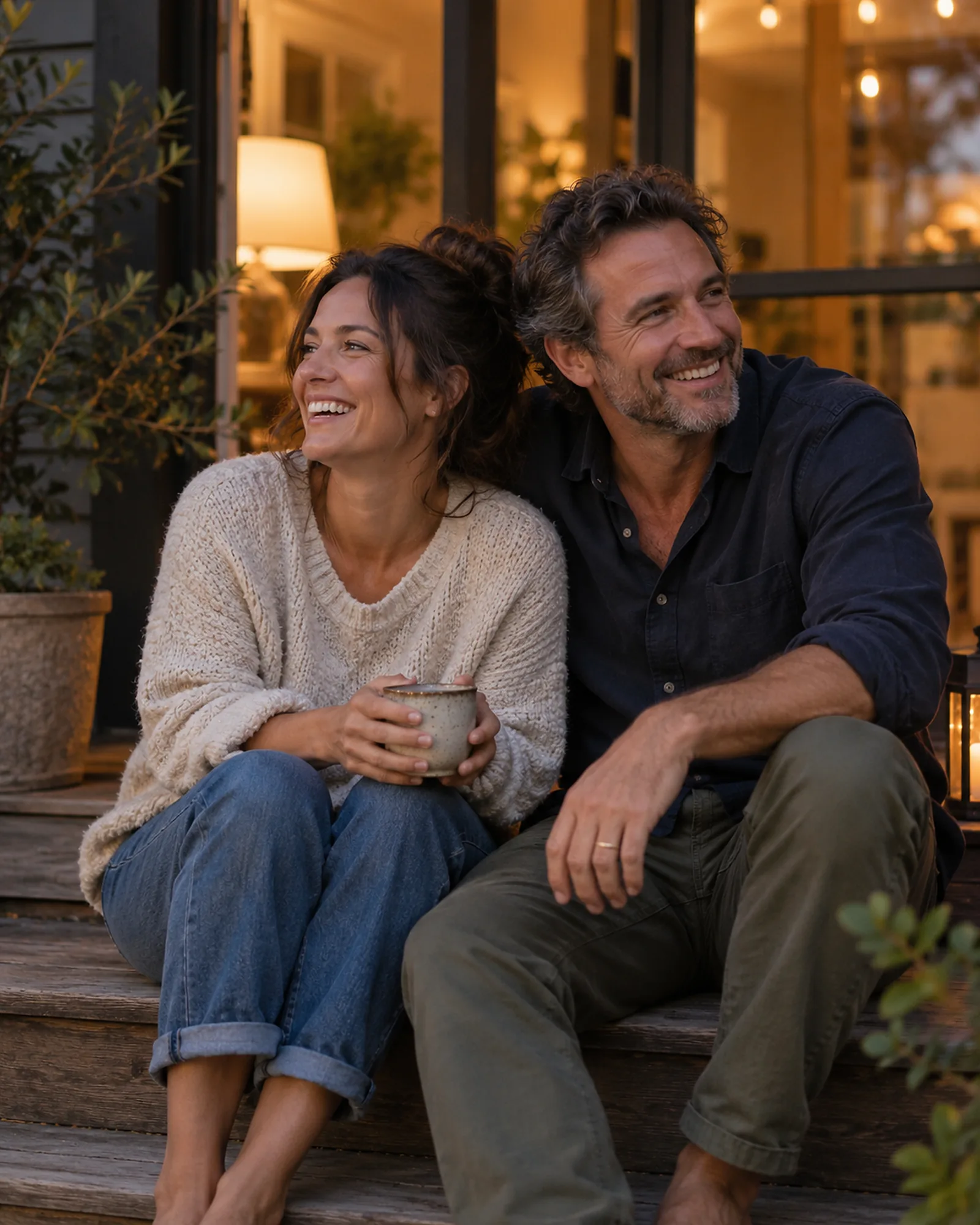 A couple sitting close on their back step at dusk, laughing together